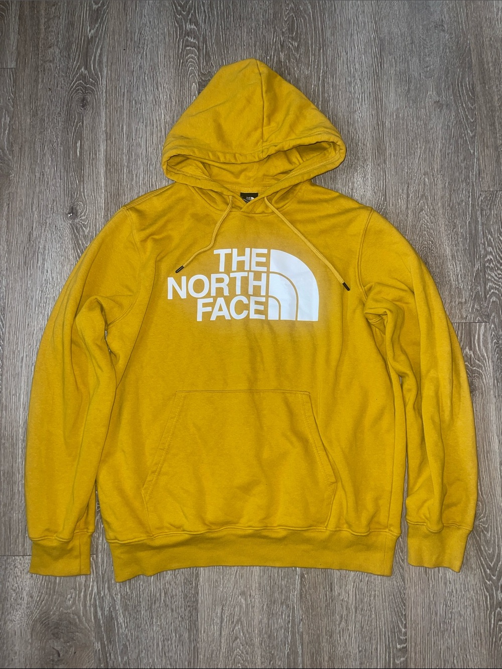 The North Face Men's Mustard Yellow Pullover Hoodie White Logo sweatshirt large